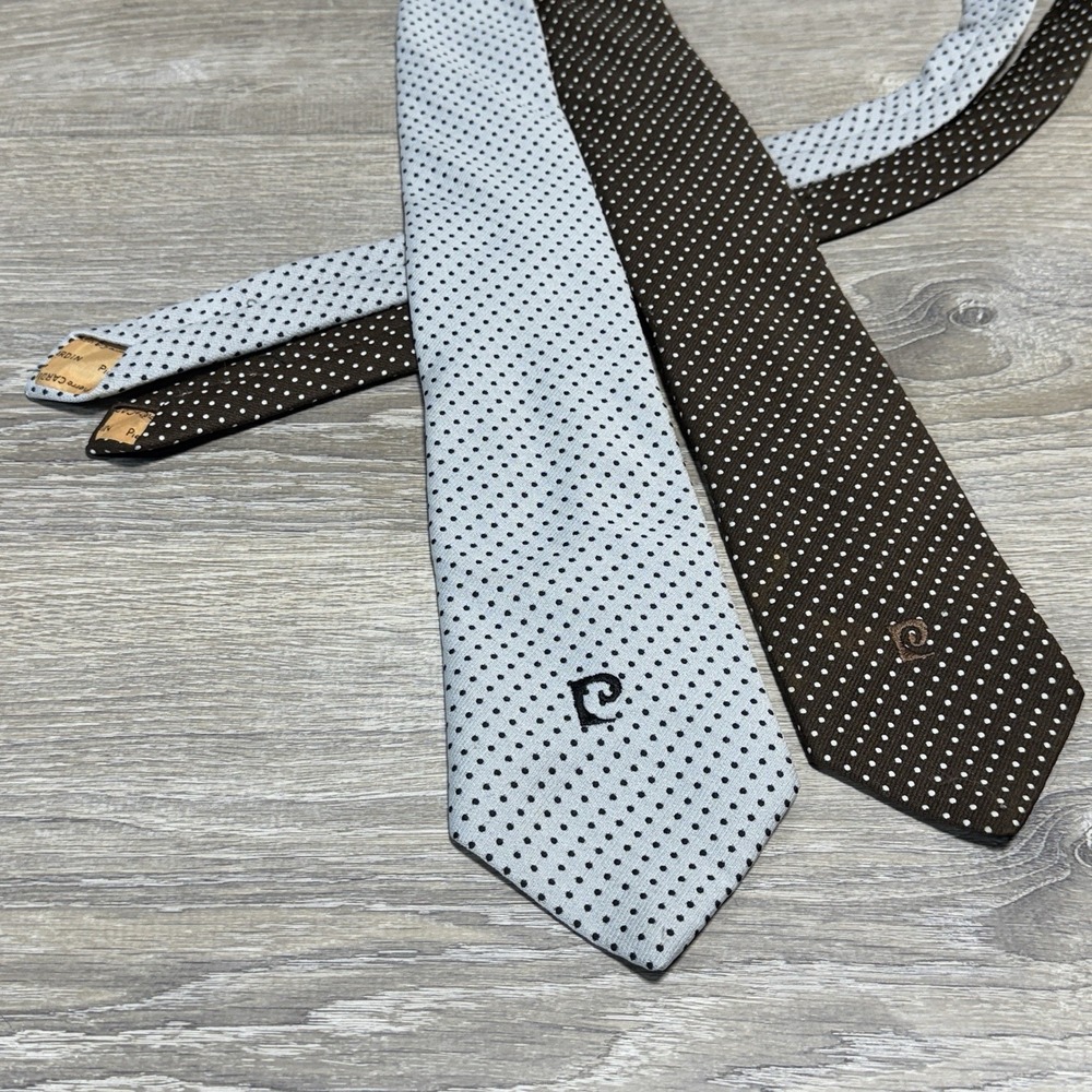 Lot of 2 Pierre Cardin Tie 100% Polyester Men's Retro Gray Black &‎ Brown White
